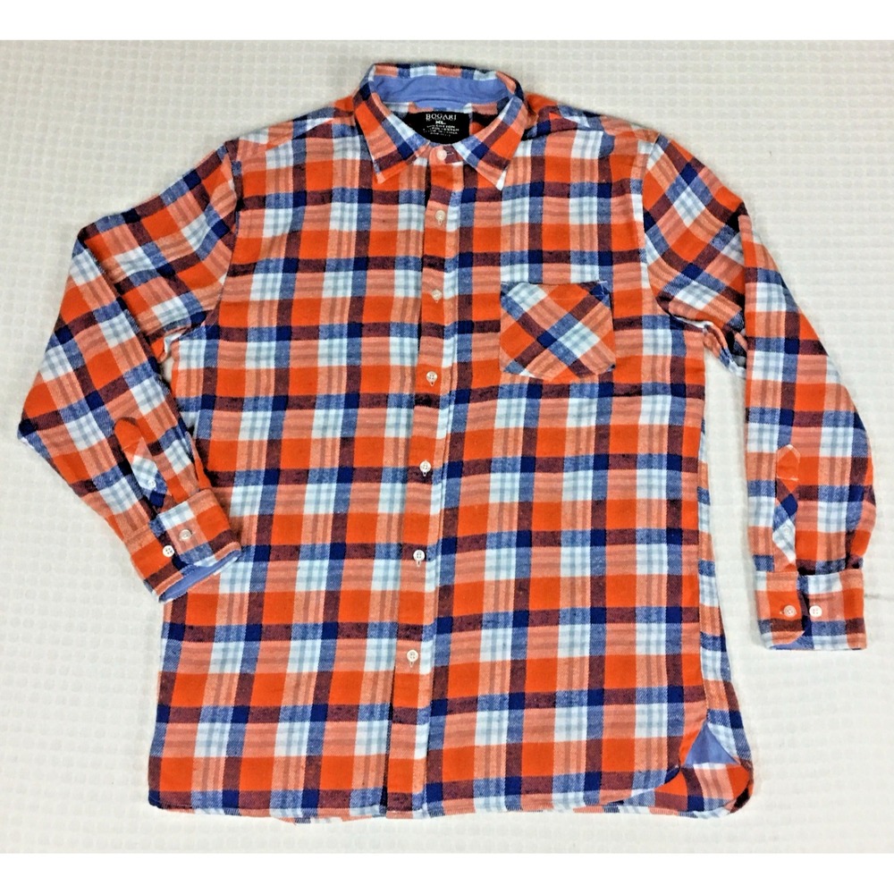 Bogari Men XL Orange Blue Plaid Button Up Shirt Long Sleeve Cotton Blend Flannel